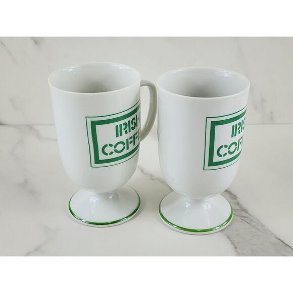 Irish Coffee Mug w/ Recipe Green Clover Pedestal 5" White Porcelain x2 Vintage - Picture 9 of 14